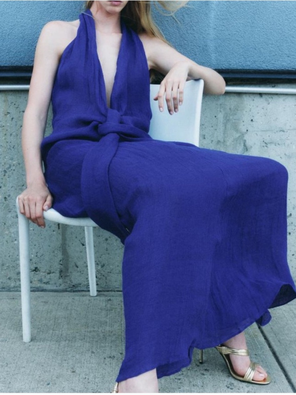 NWOT Zara ZW Collection Halter Maxi Deep V Linen Dress | Cobalt Blue - Picture 3 of 8